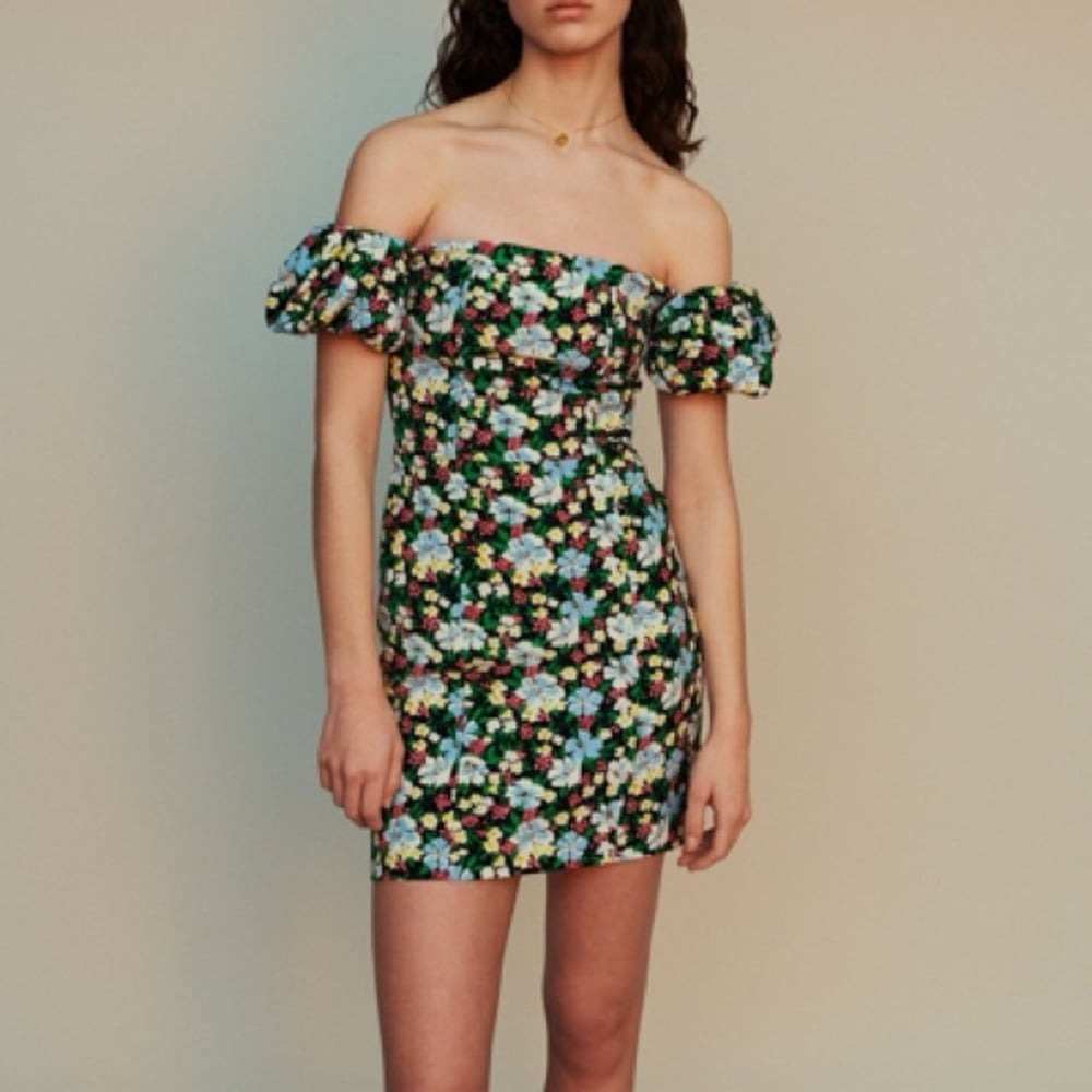 Maje Rapy Floral-print Off-the-shoulder Woven linen blend Mini Dress